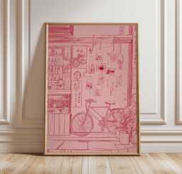 Japanese Bicycle Poster, Minimal Line Art Shop Print, Red Monochrome Urban Wall Art, Asian Street Scene Decor, Tokyo Inspired Illustration - thumbnail 1