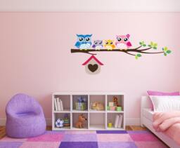 Owl Wall Decal Cute Full Colour Owls On A Branch Nursery Baby Room Sticker Kids - thumbnail 1