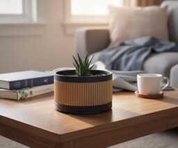 Ribbed Plant Pot With Drip Tray, Wood & Black Modern Indoor Planter - thumbnail 1