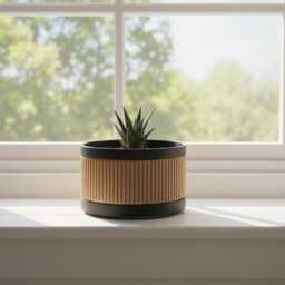 Ribbed Plant Pot With Drip Tray, Wood & Black Modern Indoor Planter - thumbnail 3