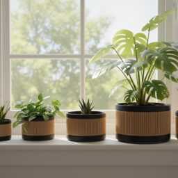 Ribbed Plant Pot With Drip Tray, Wood & Black Modern Indoor Planter - thumbnail 2