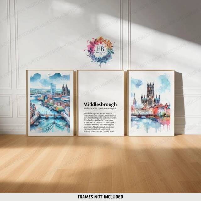 Middlesbrough Poster Prints - Set Of 3 Posters - England Travel Wall Art UK Home Decor Artwork Gifts Watercolour Painting Design - image 1