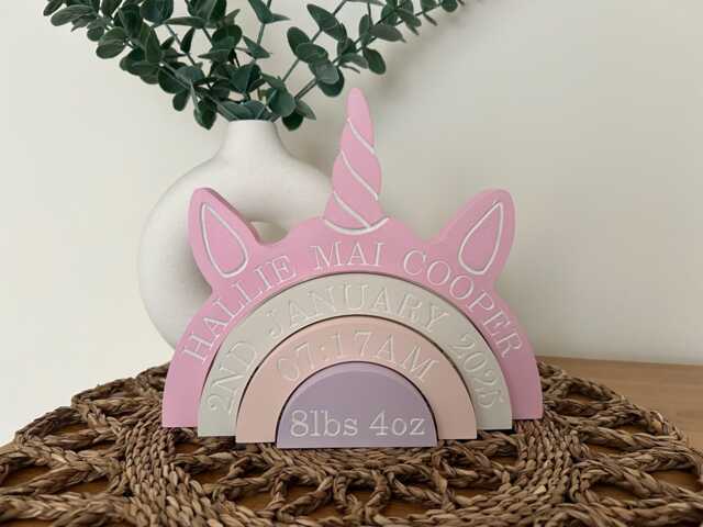 Personalised Unicorn Rainbow Engraved Birth Detail Rainbow, Nursery Decor - image 1