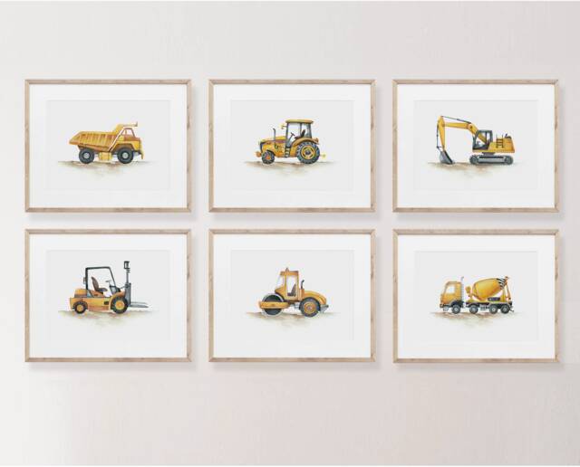 Construction Vehicle Prints, Blue Boy Nursery Decor, Trucks, Car Prints Boys Room, Wall Art - image 1