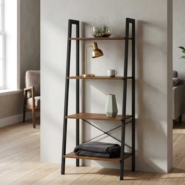4 Tier Ladder Shelf Bookcase Storage Rack Rustic Brown Black Metal Frame - image 1