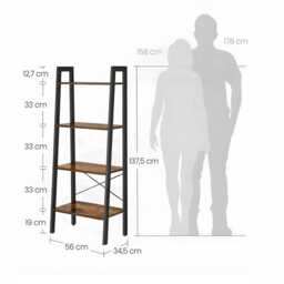 4 Tier Ladder Shelf Bookcase Storage Rack Rustic Brown Black Metal Frame - thumbnail 4