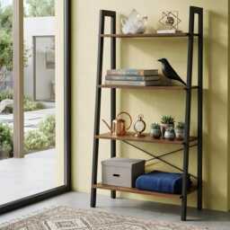 4 Tier Ladder Shelf Bookcase Storage Rack Rustic Brown Black Metal Frame - thumbnail 3