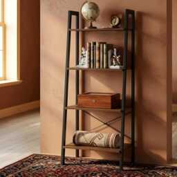 4 Tier Ladder Shelf Bookcase Storage Rack Rustic Brown Black Metal Frame - thumbnail 2