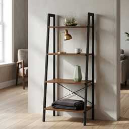 4 Tier Ladder Shelf Bookcase Storage Rack Rustic Brown Black Metal Frame