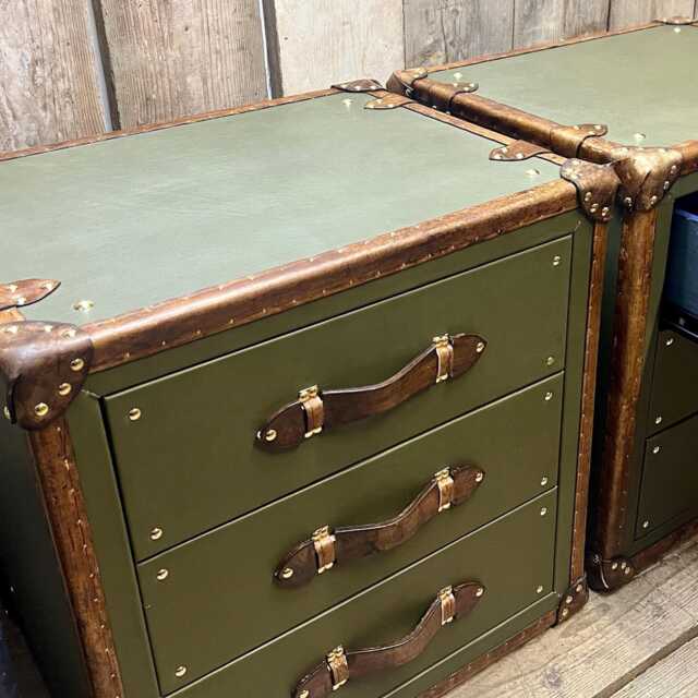 Olive Leather Nightstand Cabinets Luxury Handcrafted English Bedroom Storage Tables - image 1