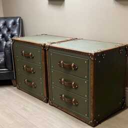 Olive Leather Nightstand Cabinets Luxury Handcrafted English Bedroom Storage Tables - thumbnail 2