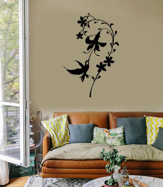 Wall Vinyl Decal Floral Ornament Colibri Bird Hummingbird Flower Modern Romantic Abstract Home Art Decor - #1234Di - image 1