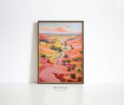 Warm Colours Riverside Landscape Print, Abstract Digital Painting, Pastel Wall Art, Contemporary Canvas, Retro Decor, Dorm Room Decor - thumbnail 1
