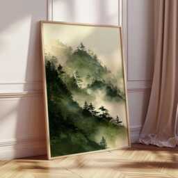 Misty Forest Wall Art, Green Landscape Print, Tranquil Nature Poster, Evergreen Tree Painting, Atmospheric Woodland Home Decor - thumbnail 2