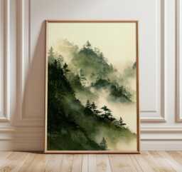 Misty Forest Wall Art, Green Landscape Print, Tranquil Nature Poster, Evergreen Tree Painting, Atmospheric Woodland Home Decor - thumbnail 1