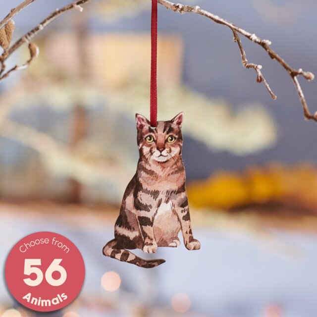 Watercolour Style Wooden Tabby Cat Hanging Decoration - Handcrafted Christmas For Stylish Home D??cor, Unique Gift Idea - image 1