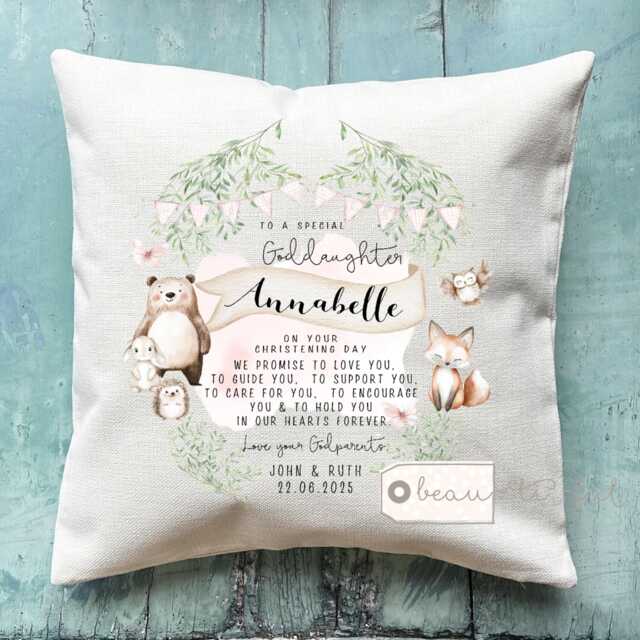 Personalised Christening Baptism Gift Promise To Godchild Godson Goddaughter Woodland Bear Linen Style Cushion Godparent Godmother Godfather - image 1