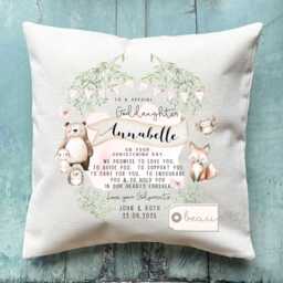 Personalised Christening Baptism Gift Promise To Godchild Godson Goddaughter Woodland Bear Linen Style Cushion Godparent Godmother Godfather - thumbnail 1