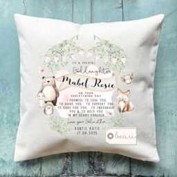 Personalised Christening Baptism Gift Promise To Godchild Godson Goddaughter Woodland Bear Linen Style Cushion Godparent Godmother Godfather - thumbnail 2