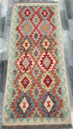 Multicolour Runner Rug, Handmade Artisan Afghan Turkish Scandinavian Navajo Bohemian Flatweave Wool Kilim 197x83 cm - thumbnail 1