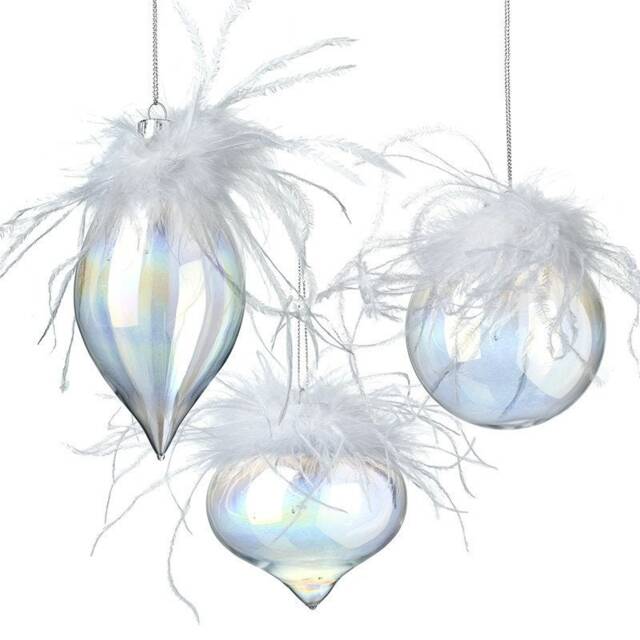 Set Of 3 Clear Glass With White Feathers Christmas Tree Baubles - Festive Winter Wonderland Decoration Ornament Classy Gift Family