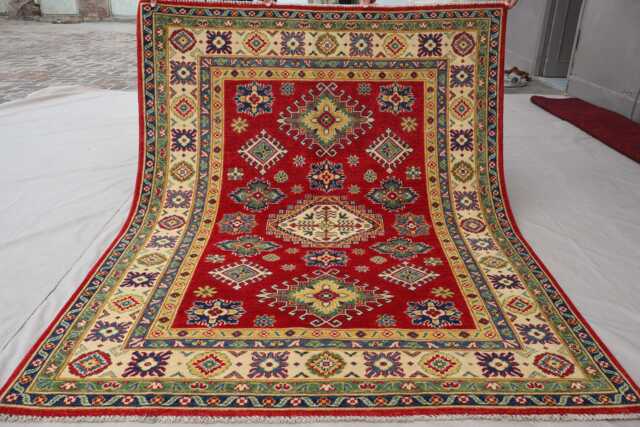 5x7 Afghan Kazak Area Rug, Hand Knotted Wool Geometric Beige Green Red Natural Veg Dyes, Oriental Bedroom Rug For Living Room - image 1