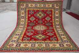5x7 Afghan Kazak Area Rug, Hand Knotted Wool Geometric Beige Green Red Natural Veg Dyes, Oriental Bedroom Rug For Living Room - thumbnail 1