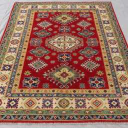 5x7 Afghan Kazak Area Rug, Hand Knotted Wool Geometric Beige Green Red Natural Veg Dyes, Oriental Bedroom Rug For Living Room - thumbnail 3