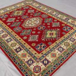 5x7 Afghan Kazak Area Rug, Hand Knotted Wool Geometric Beige Green Red Natural Veg Dyes, Oriental Bedroom Rug For Living Room - thumbnail 2