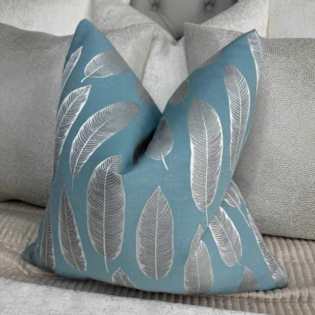 Decorative Feather Blue Silver Cushion Cover, Pillow Throw Cover , Handmade Cushion For Sofa Or Bed - Modern Home Decor - image 1