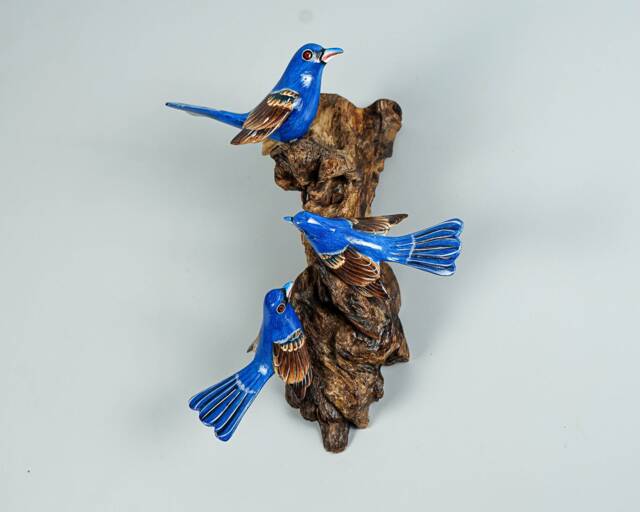 Blue Canary Wall Statue, Hanging Art, Handcrafted, Indigo Bunting Sculpture, Animal, Miniature, Figurine, Interior Decor, Appreciated Gift - image 1