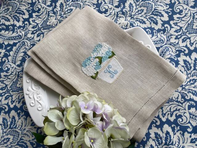 Hydrangeas Linen Guest Hand Towels, Embroidered Bathroom Hostess Gifts, Warm House Dinner Napkins - image 1