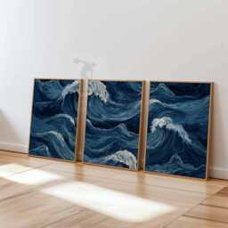 Set Of 3 Ocean Wave Wall Art Prints, Deep Blue Sea Posters, Modern Coastal Decor For Living Room & Bedroom - thumbnail 3