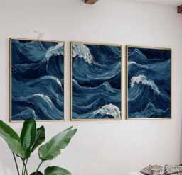 Set Of 3 Ocean Wave Wall Art Prints, Deep Blue Sea Posters, Modern Coastal Decor For Living Room & Bedroom - thumbnail 1