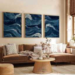 Set Of 3 Ocean Wave Wall Art Prints, Deep Blue Sea Posters, Modern Coastal Decor For Living Room & Bedroom - thumbnail 2