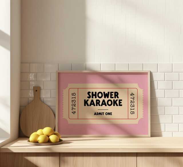 Shower Karaoke Print - Retro Wall Art Ticket Bathroom En-Suite Decor - image 1