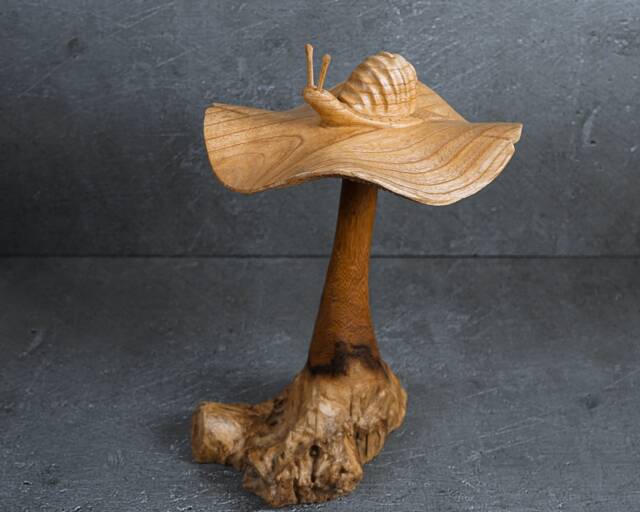 Wooden Snail On Mushroom Sculpture Rustic Driftwood Art 13 - image 1