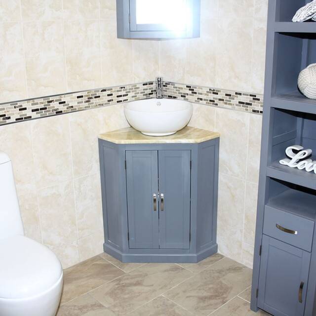 Grey Painted Bathroom Vanity Unit Corner Wash Stand Golden Onyx Top Ceramic Basin Choice 501Bggocbc - image 1