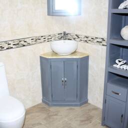 Grey Painted Bathroom Vanity Unit Corner Wash Stand Golden Onyx Top Ceramic Basin Choice 501Bggocbc