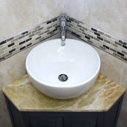 Grey Painted Bathroom Vanity Unit Corner Wash Stand Golden Onyx Top Ceramic Basin Choice 501Bggocbc - thumbnail 3