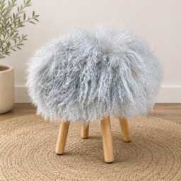 Sheepskin Fur Footstool With 100% Genuine Mongolian Dove Gray Handmade Lamb Stool