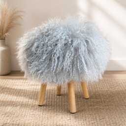Sheepskin Fur Footstool With 100% Genuine Mongolian Dove Gray Handmade Lamb Stool - thumbnail 2