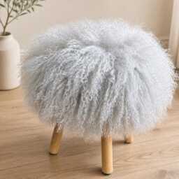 Sheepskin Fur Footstool With 100% Genuine Mongolian Dove Gray Handmade Lamb Stool - thumbnail 3