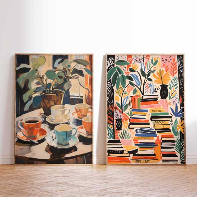 Colorful Coffee & Books Art Prints, Vibrant Cafe Wall Art, Cozy Reading Nook Decor, Abstract Cups Painting, Book Lover Gift - image 1