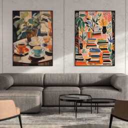 Colorful Coffee & Books Art Prints, Vibrant Cafe Wall Art, Cozy Reading Nook Decor, Abstract Cups Painting, Book Lover Gift - thumbnail 3