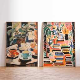 Colorful Coffee & Books Art Prints, Vibrant Cafe Wall Art, Cozy Reading Nook Decor, Abstract Cups Painting, Book Lover Gift - thumbnail 1