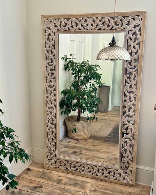 Hand-Carved Mango Wood Full-Length Mirror - Whitewashed Floral Frame - image 1