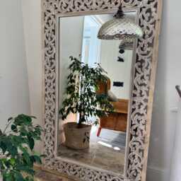 Hand-Carved Mango Wood Full-Length Mirror - Whitewashed Floral Frame - thumbnail 4