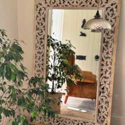 Hand-Carved Mango Wood Full-Length Mirror - Whitewashed Floral Frame - thumbnail 3