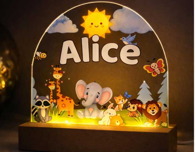 Personalised Kids Night Light - Cute Animal With Name Custom Bedroom Led Lamp Unique Nursery Decor - image 1